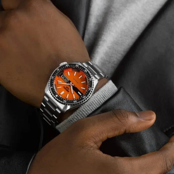 Seiko 5 Sports Double Hurricane Retro Orange Dial Silver Steel Strap Watch For Men - SRPK11K1 - Image 5